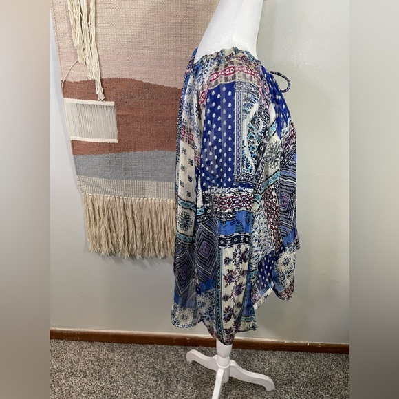 Anthropologie By Together Blue Patchwork Gold Stitches Peasant Bobo Blouse ML/XL - Picture 7 of 9